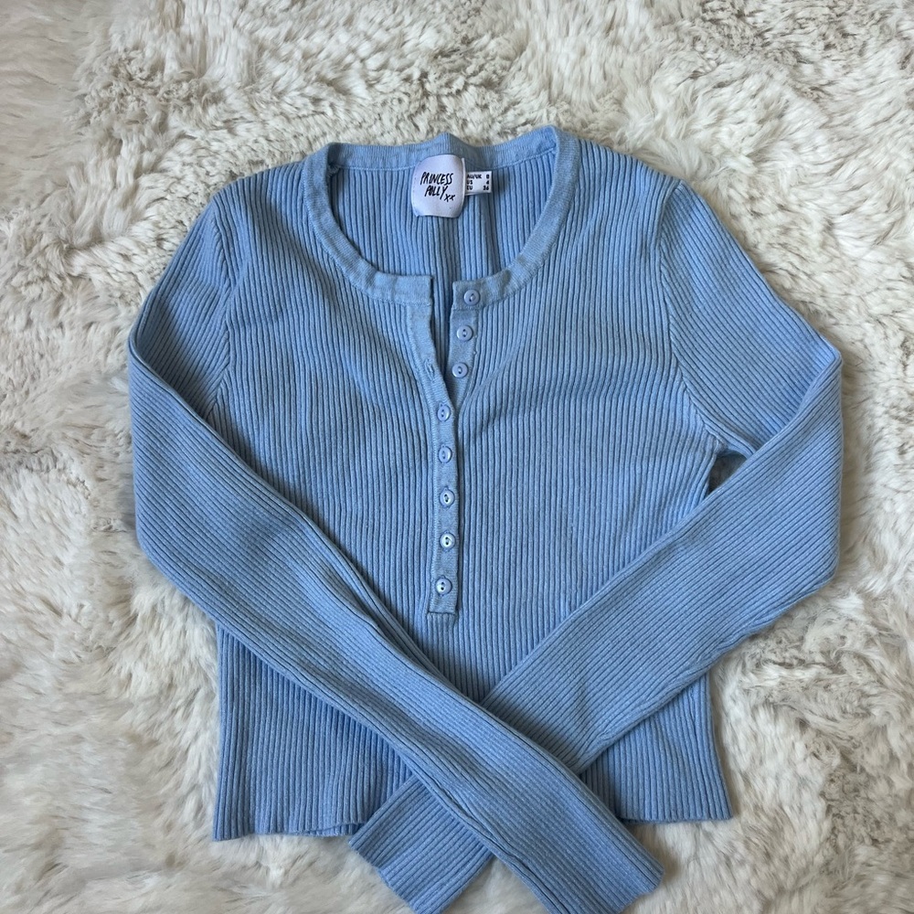 Princess Polly Blue Ribbed Button-Up Sweater